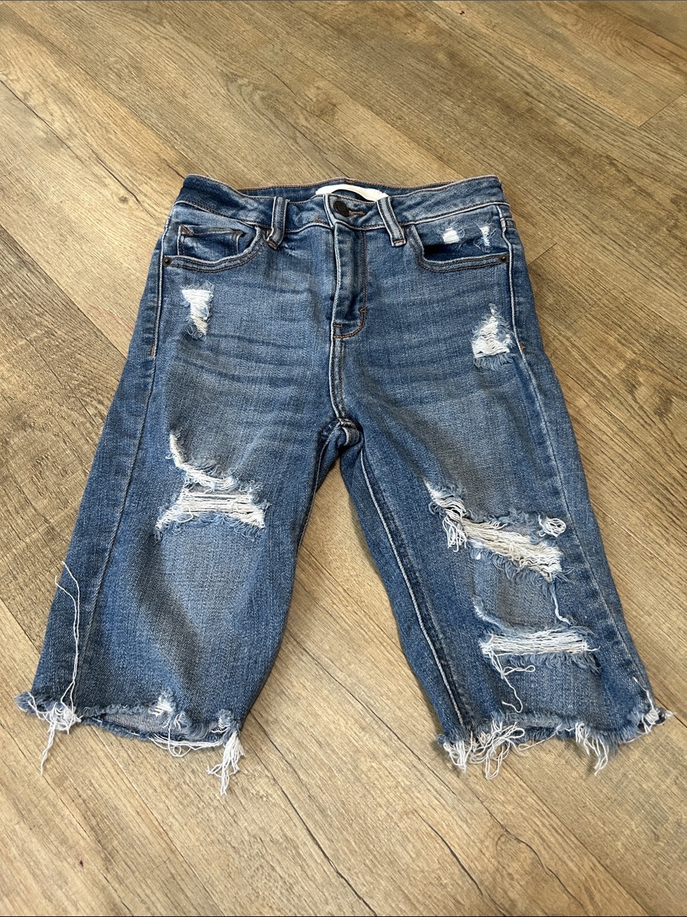 Distressed Mid-Blue Denim Cutoff Shorts